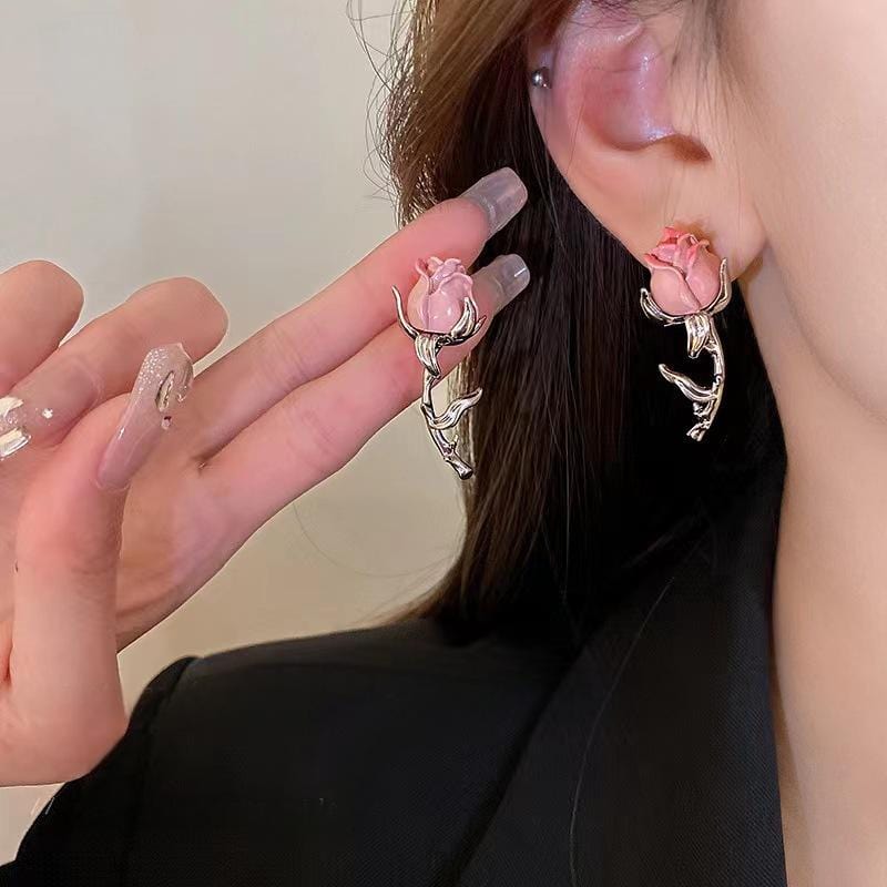 Elegant Enamel Rose Flower Box Chain Tassel Ear Cuff Earrings - ArtGalleryZen