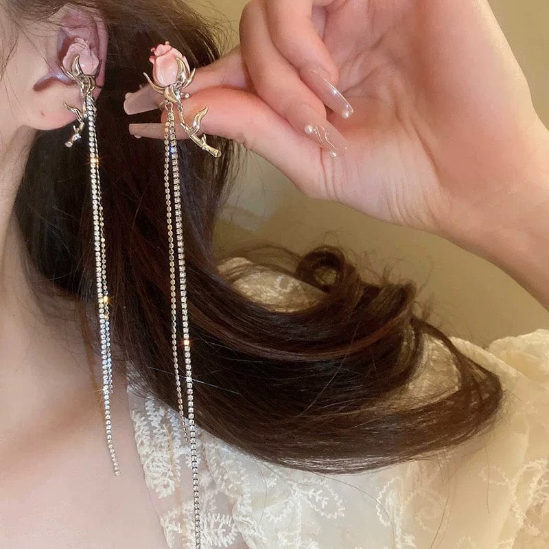 Elegant Enamel Rose Flower Box Chain Tassel Ear Cuff Earrings - ArtGalleryZen