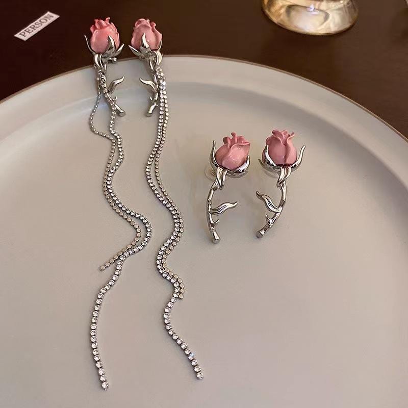 Elegant Enamel Rose Flower Box Chain Tassel Ear Cuff Earrings