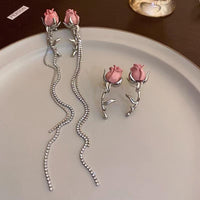 Thumbnail for Elegant Enamel Rose Flower Box Chain Tassel Ear Cuff Earrings