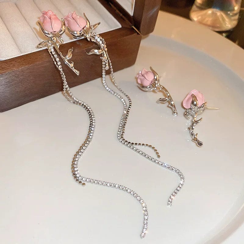 Elegant Enamel Rose Flower Box Chain Tassel Ear Cuff Earrings