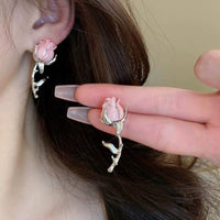 Thumbnail for Elegant Enamel Rose Flower Box Chain Tassel Ear Cuff Earrings