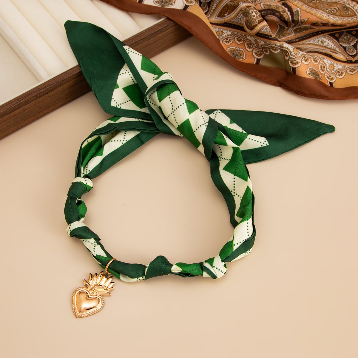 Elegant Flame Heart Pendant Silk Scarf Choker Necklace - ArtGalleryZen