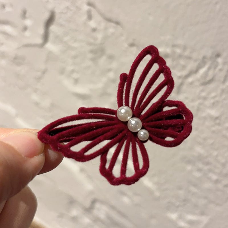 Elegant Flocking Pearl Butterfly Hair Clip - ArtGalleryZen