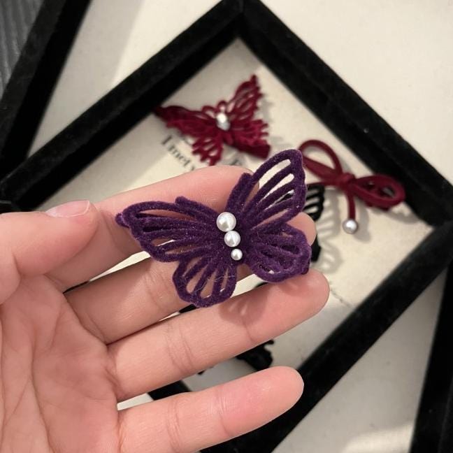 Elegant Flocking Pearl Butterfly Hair Clip