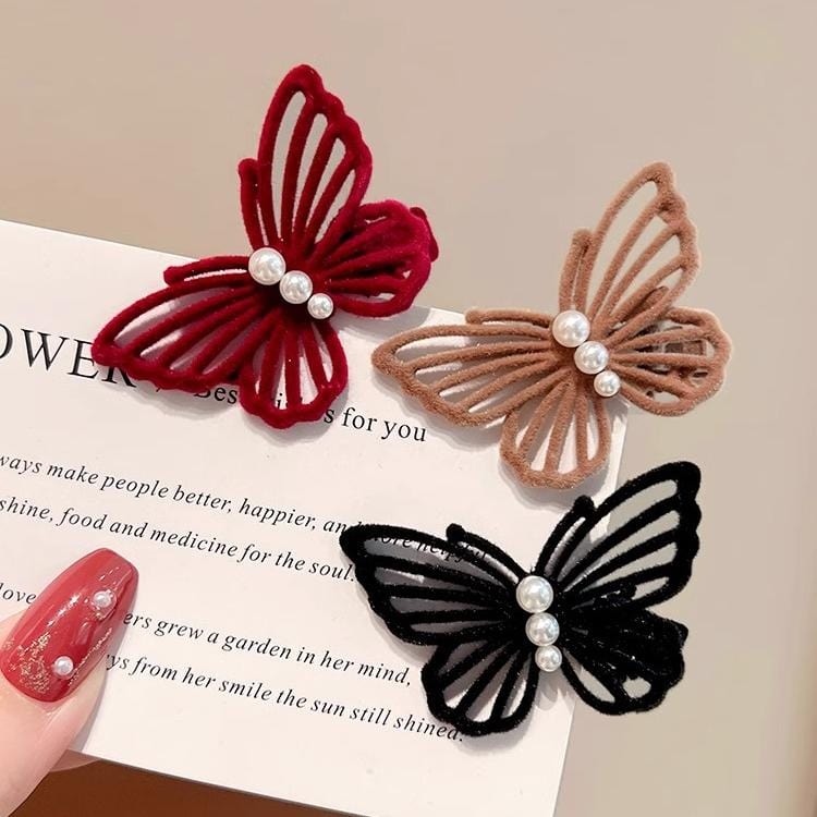 Elegant Flocking Pearl Butterfly Hair Clip