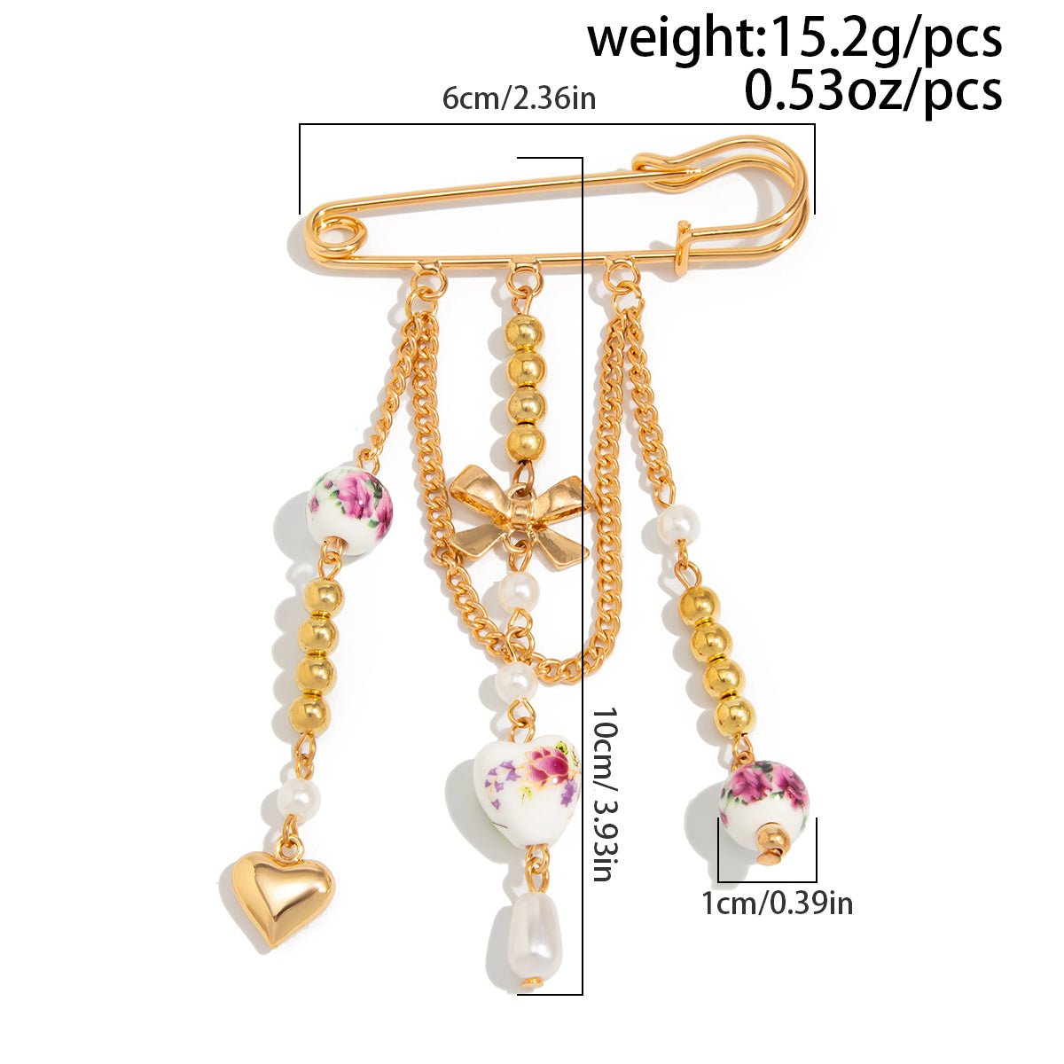 Elegant Floral Ceramic Beads Bow Heart Tassel Pin Brooch - ArtGalleryZen
