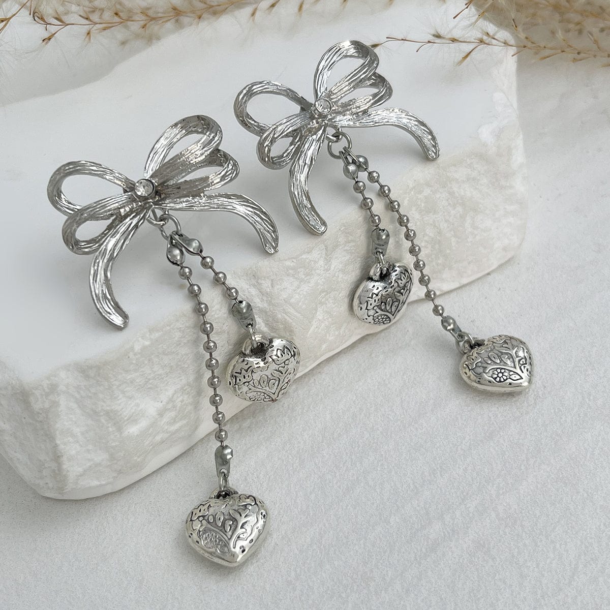 Elegant Floral Heart Dangle Bowknot Earrings - ArtGalleryZen