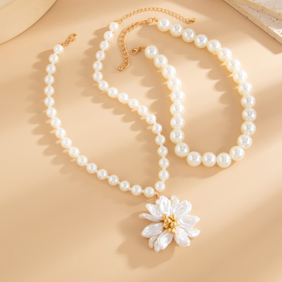 Elegant Flower Pendant Pearl Chain Necklace Ring - ArtGalleryZen