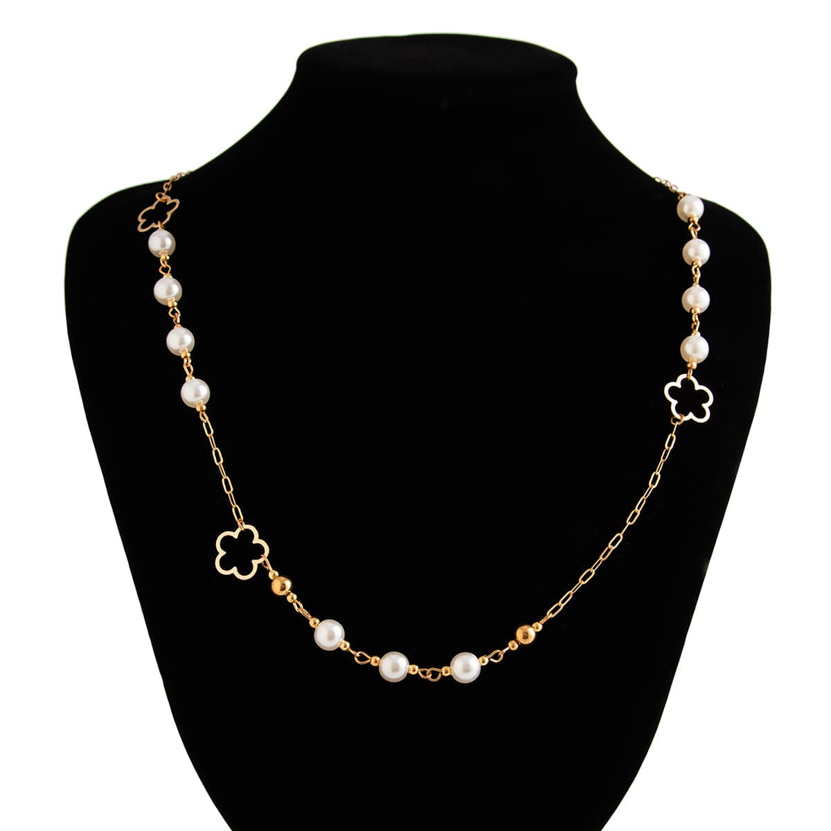 Elegant Gold Plated Hollow Flower Pearl Cable Chain Necklace - ArtGalleryZen