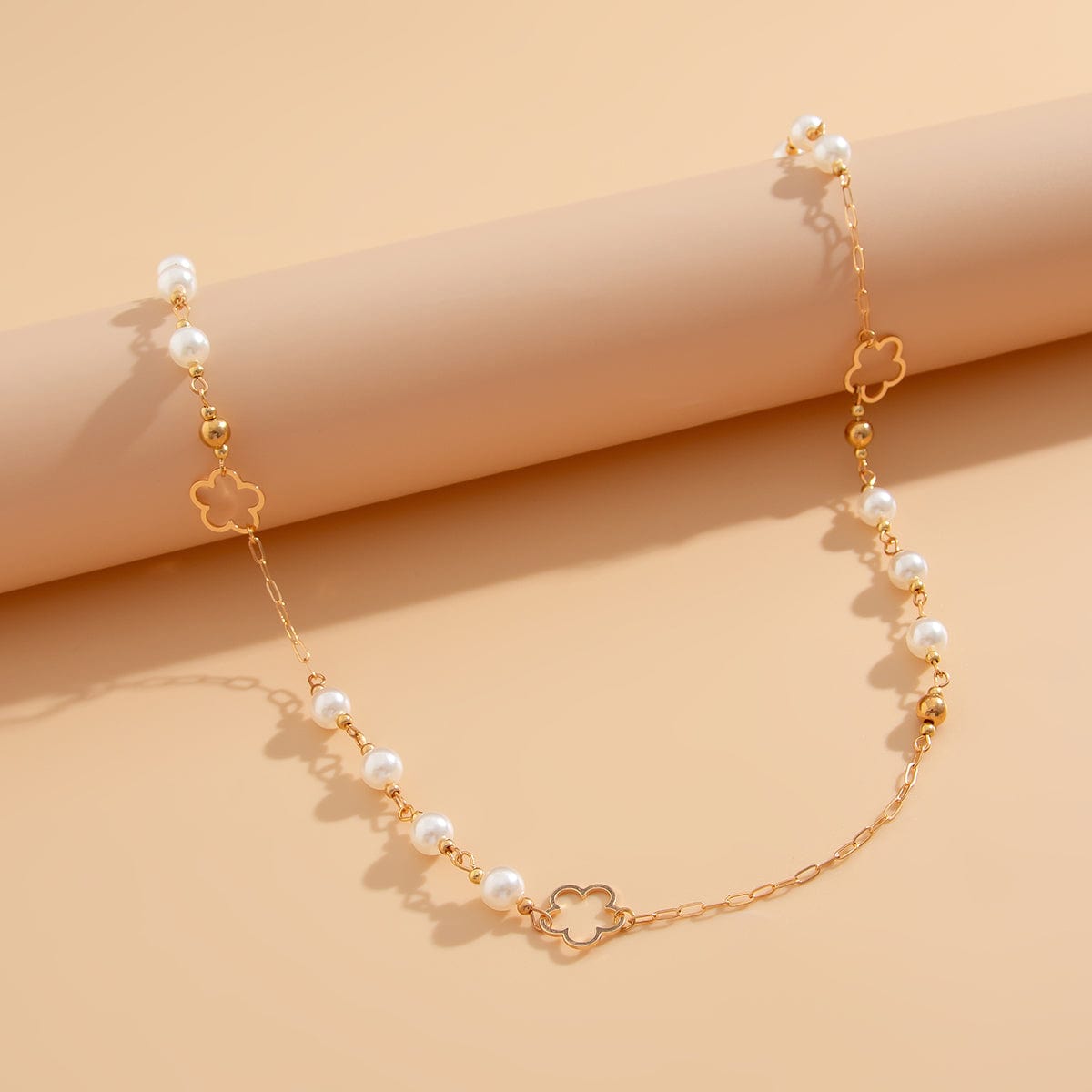Elegant Gold Plated Hollow Flower Pearl Cable Chain Necklace - ArtGalleryZen