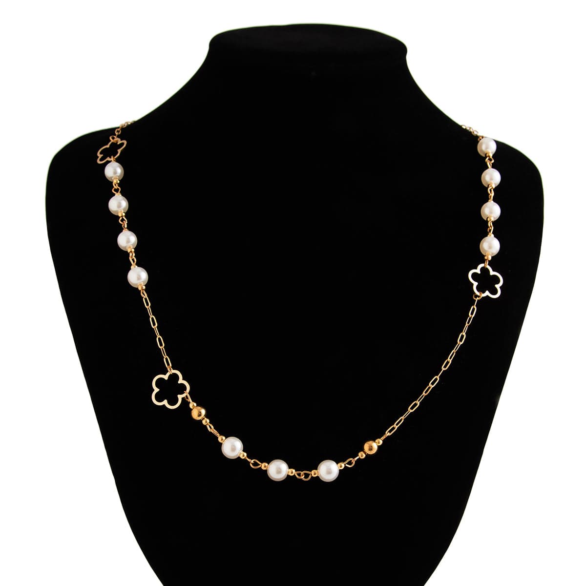 Elegant Gold Plated Hollow Flower Pearl Cable Chain Necklace