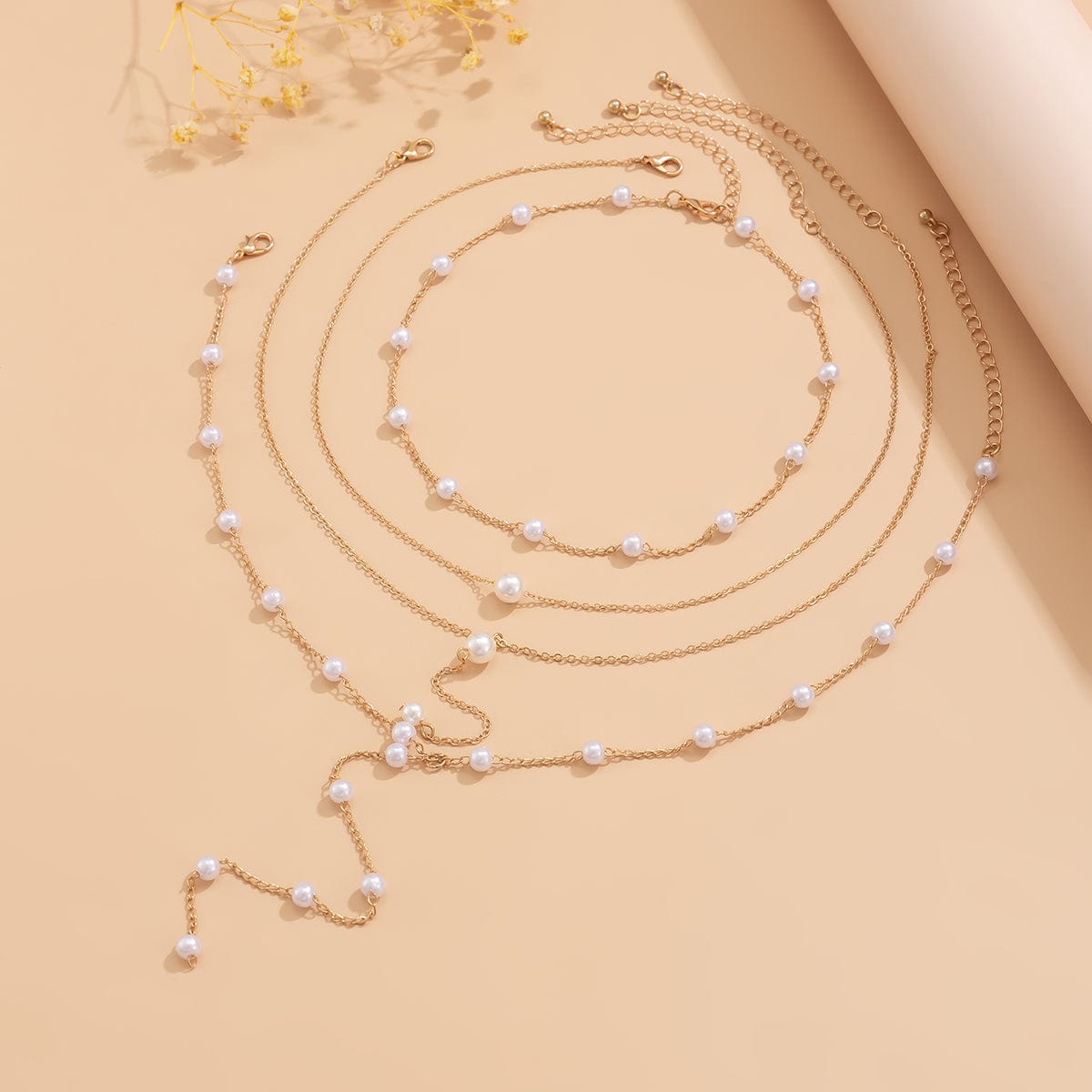 Elegant Gold Plated Pearl Long Chain Y Necklace Set