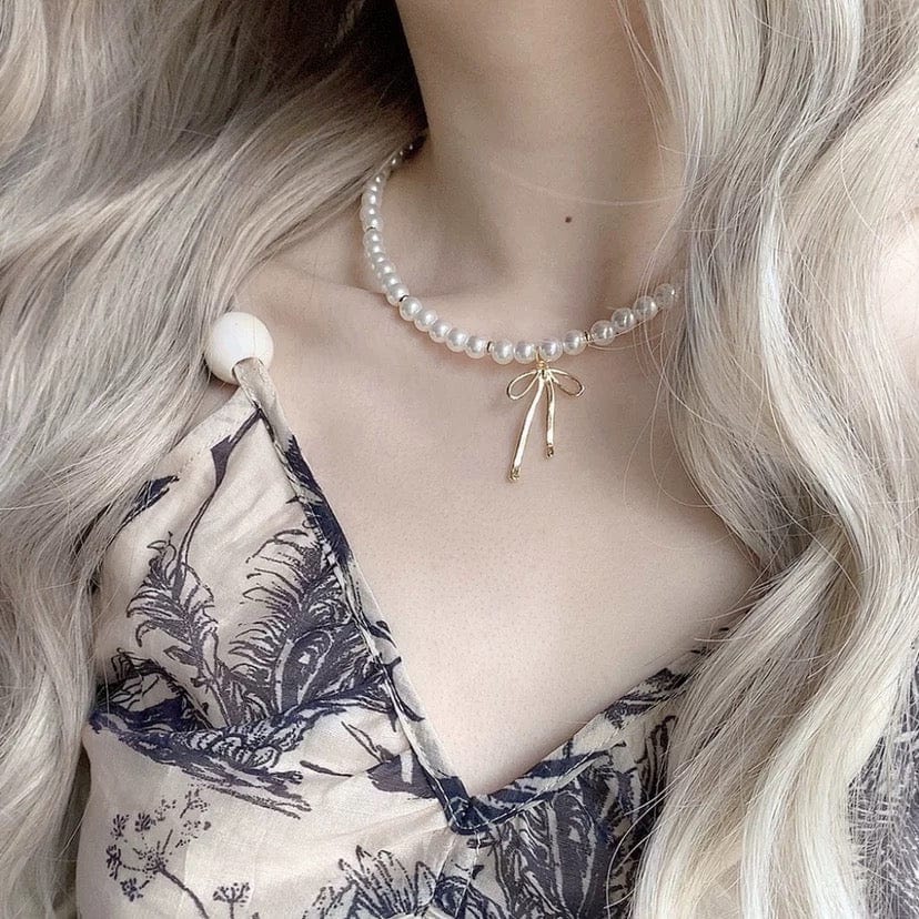 Elegant Gold Silver Plated Bowknot Pendant Pearl Chain Necklace