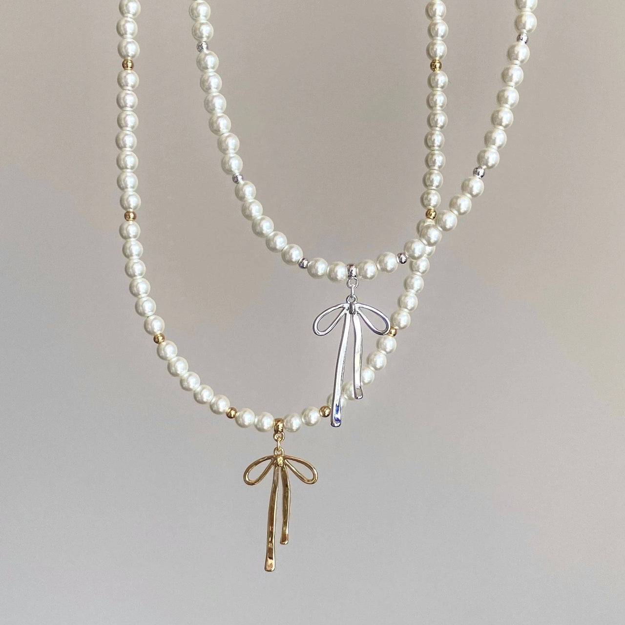 Elegant Gold Silver Plated Bowknot Pendant Pearl Chain Necklace