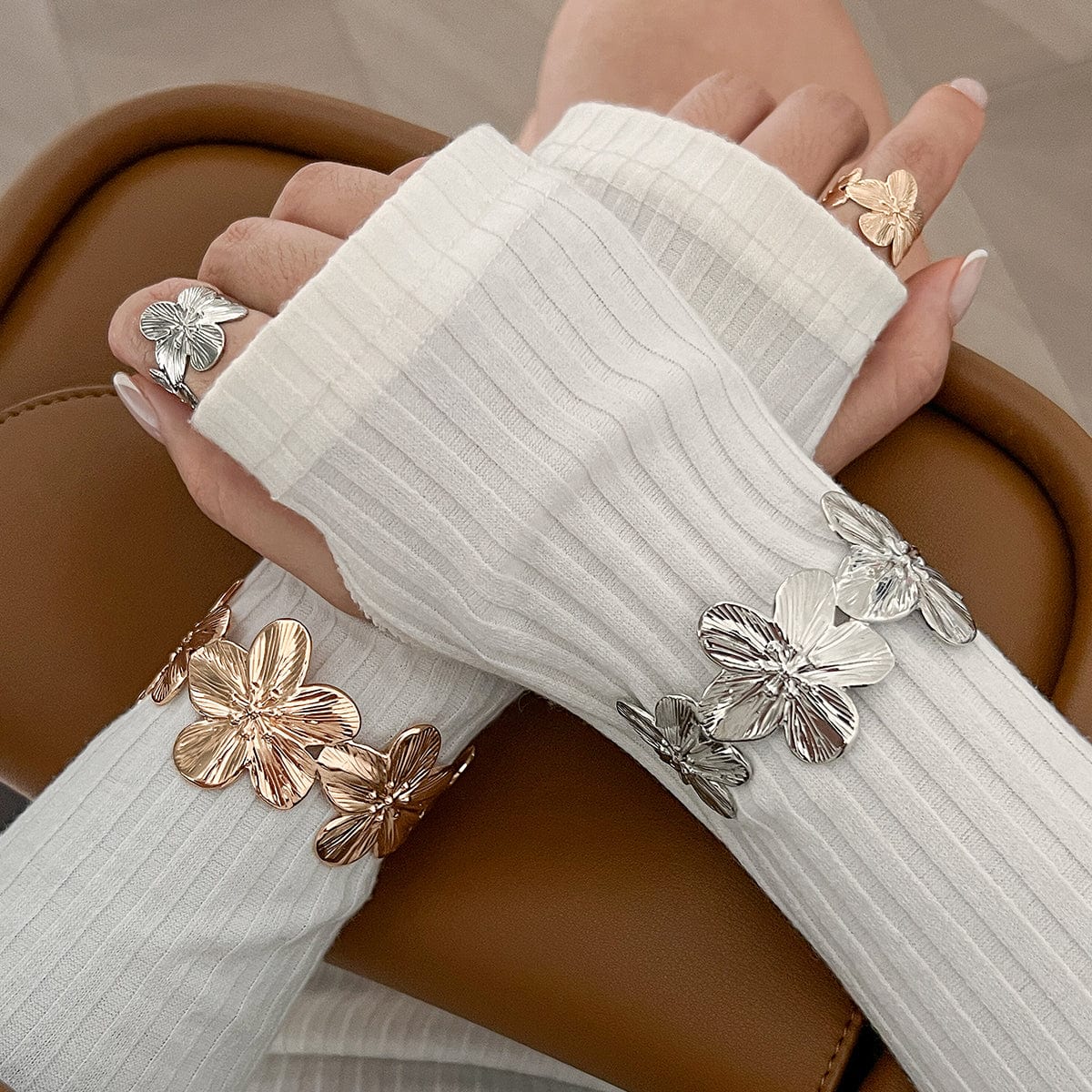 Elegant Gold Silver Plated Flower Open Ring Bangle Bracelet Set