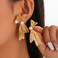 Thumbnail for Elegant Gold Silver Plated Pearl Ribbon Earrings