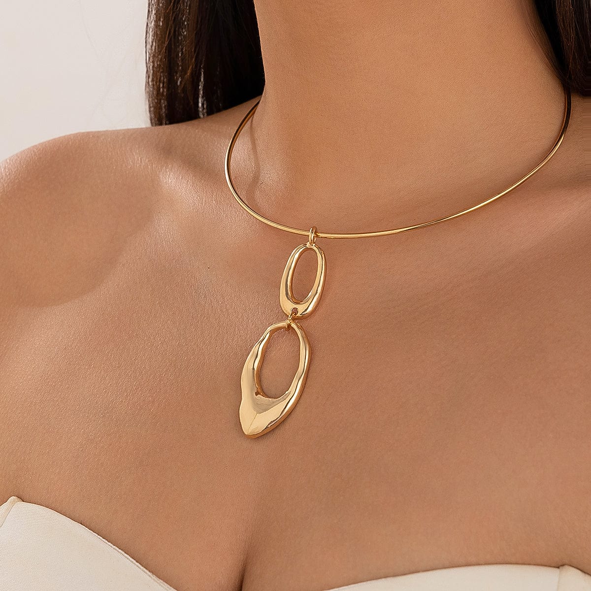 Elegant Gold Silver Tone Irregular Hoop Pendant Necklace