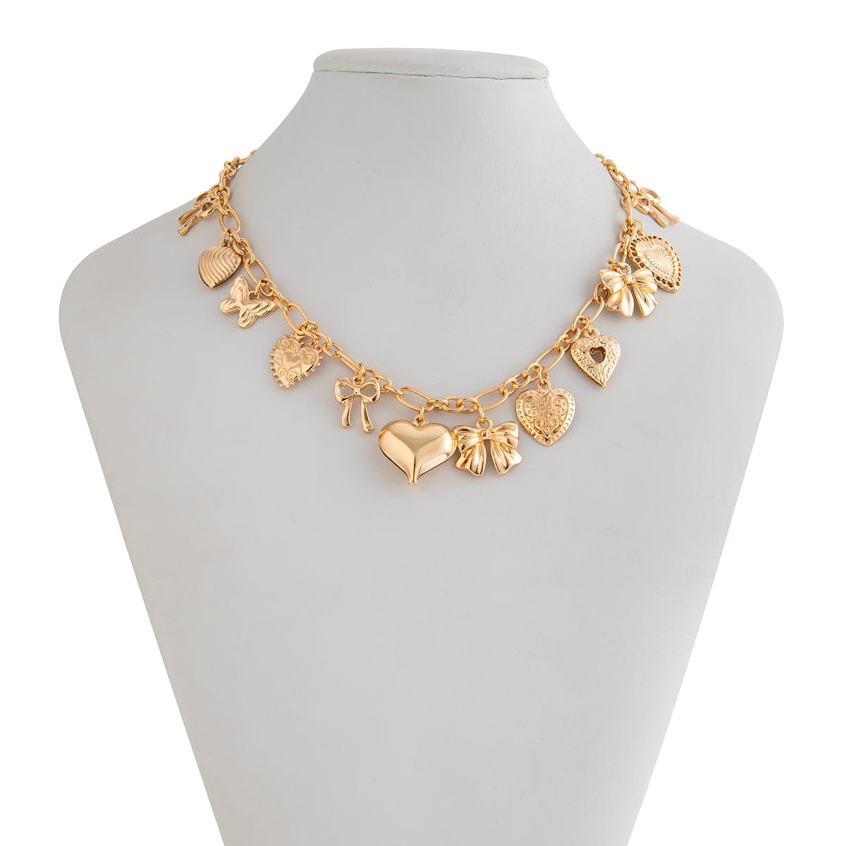 Elegant Gold Silver Tone Relief Heart Bowknot Tassel Necklace - ArtGalleryZen