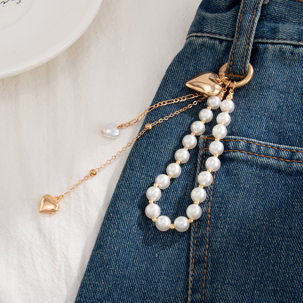 Elegant Gold Tone Heart Pendant Pearl Keychain - ArtGalleryZen