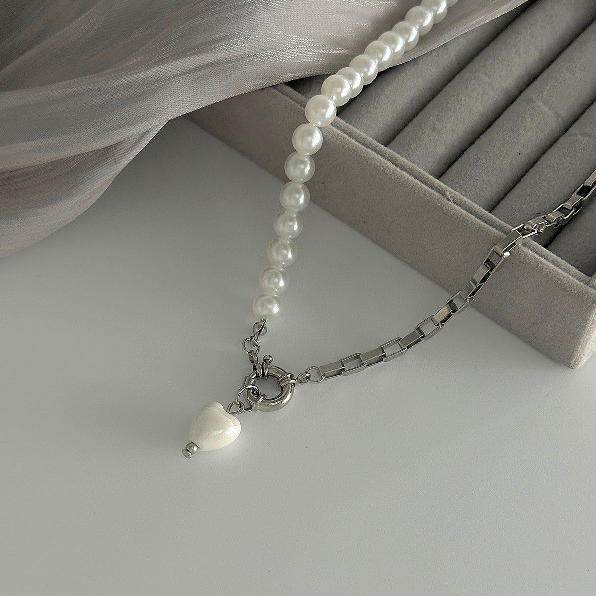 Elegant Heart Ceramics Pendant Pearl Chain Necklace - ArtGalleryZen