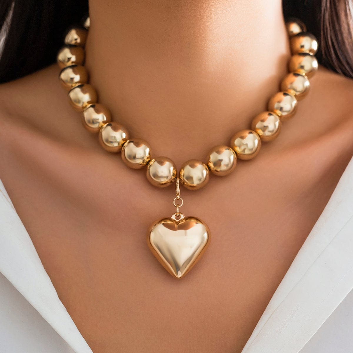 Elegant Heart Pendant Chunky Ball Chain Choker Necklace - ArtGalleryZen