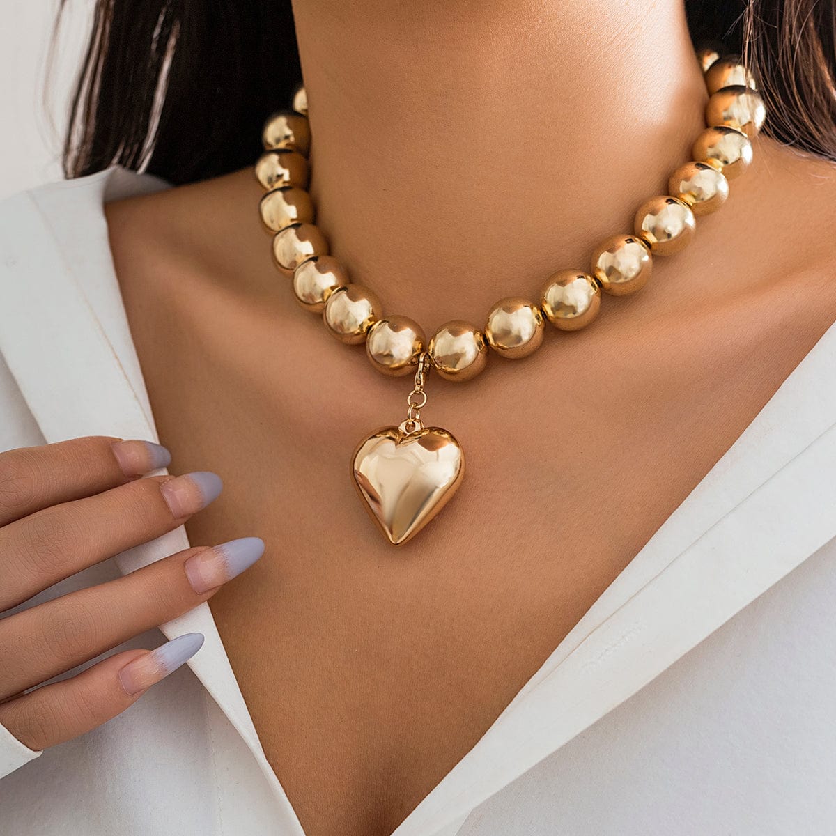 Elegant Heart Pendant Chunky Ball Chain Choker Necklace - ArtGalleryZen