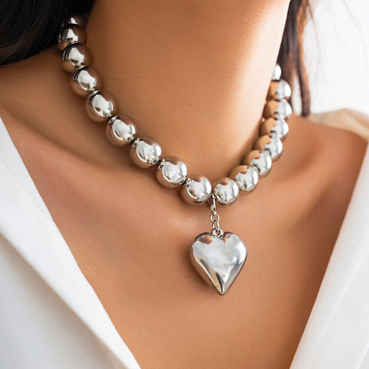 Elegant Heart Pendant Chunky Ball Chain Choker Necklace - ArtGalleryZen