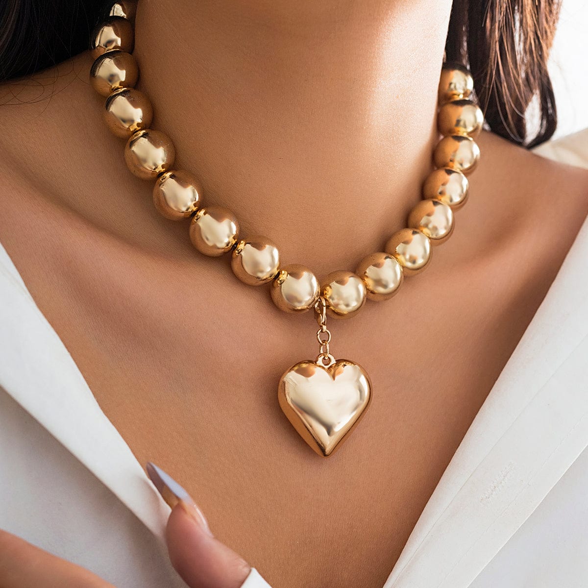 Elegant Heart Pendant Chunky Ball Chain Choker Necklace - ArtGalleryZen