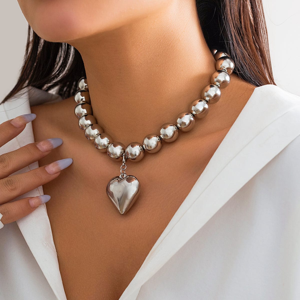 Elegant Heart Pendant Chunky Ball Chain Choker Necklace - ArtGalleryZen