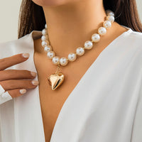 Thumbnail for Elegant Heart Pendant Pearl Chain Choker Necklace - ArtGalleryZen