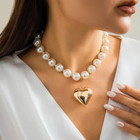 Thumbnail for Elegant Heart Pendant Pearl Chain Choker Necklace - ArtGalleryZen