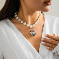 Thumbnail for Elegant Heart Pendant Pearl Chain Choker Necklace - ArtGalleryZen