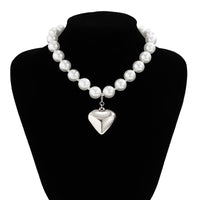 Thumbnail for Elegant Heart Pendant Pearl Chain Choker Necklace - ArtGalleryZen