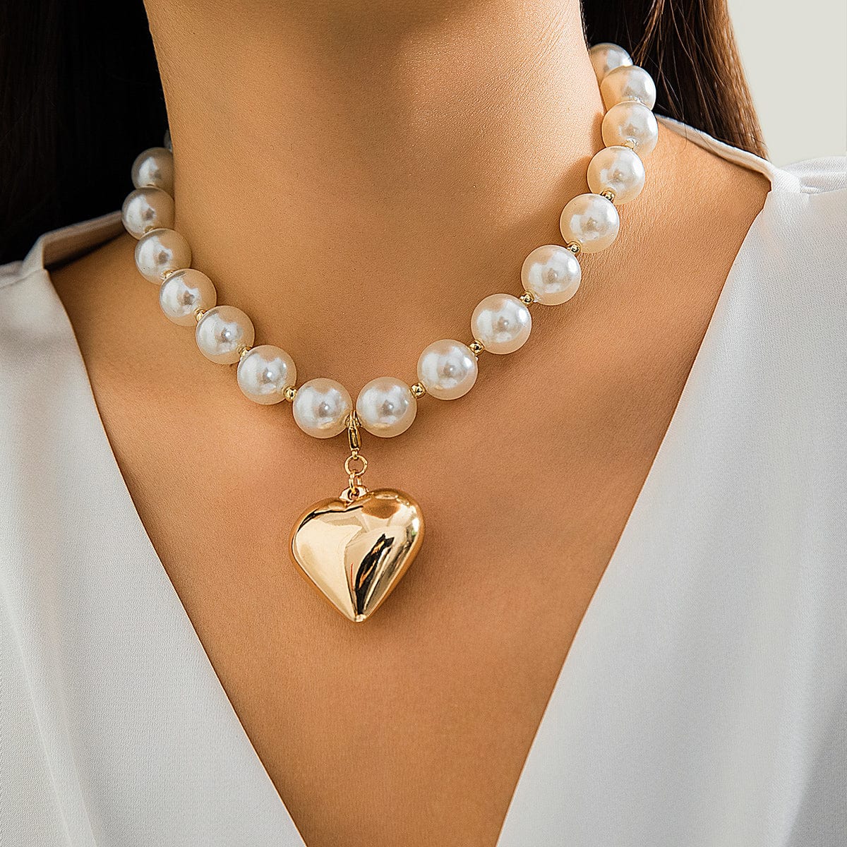 Elegant Heart Pendant Pearl Chain Choker Necklace - ArtGalleryZen