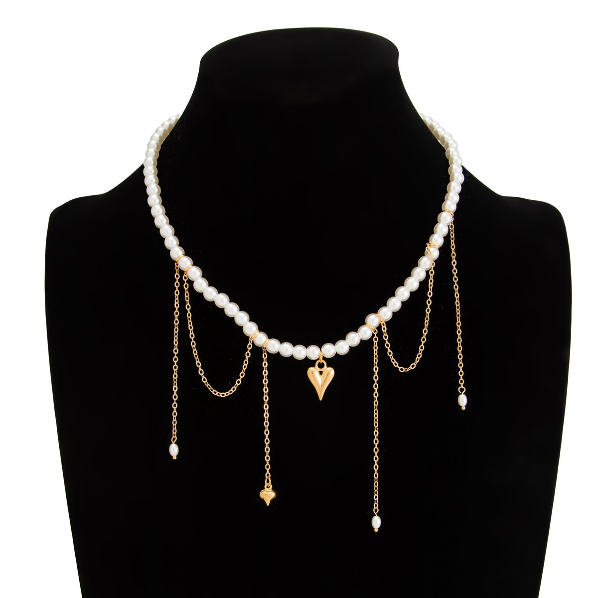 Elegant Heart Pendant Pearl Chain Tassel Necklace - ArtGalleryZen
