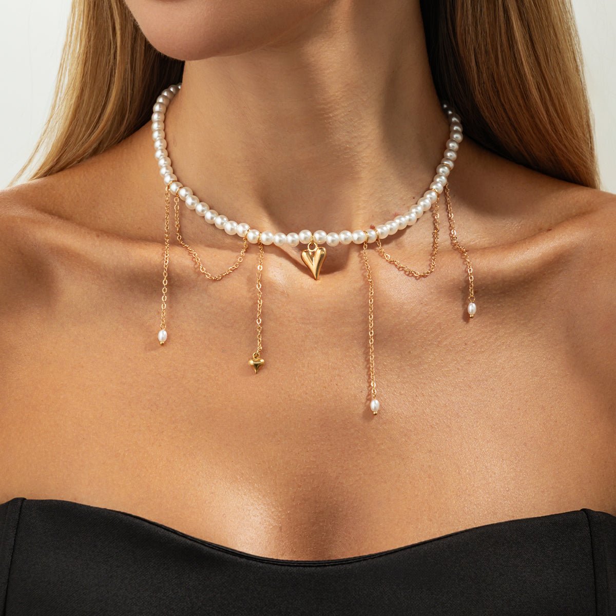 Elegant Heart Pendant Pearl Chain Tassel Necklace - ArtGalleryZen
