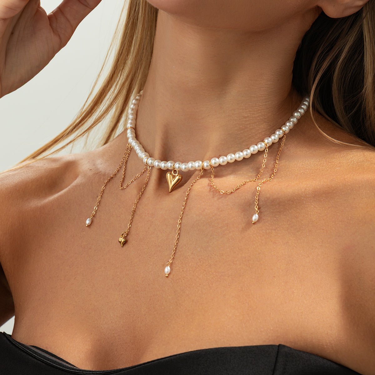 Elegant Heart Pendant Pearl Chain Tassel Necklace - ArtGalleryZen