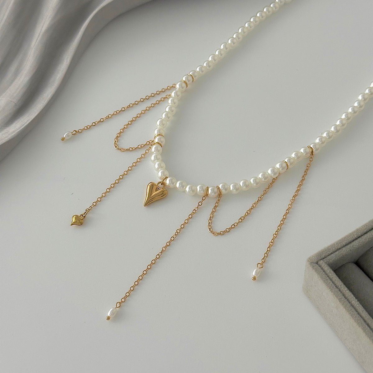 Elegant Heart Pendant Pearl Chain Tassel Necklace - ArtGalleryZen