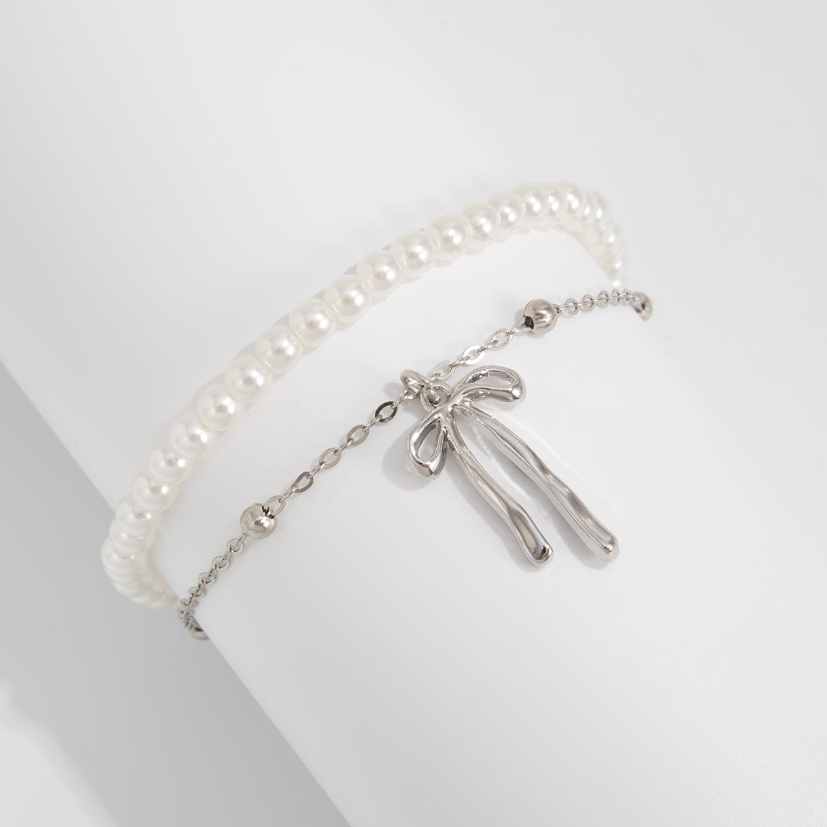 Elegant Layered Bowknot Pendant Pearl Chain Bracelet - ArtGalleryZen