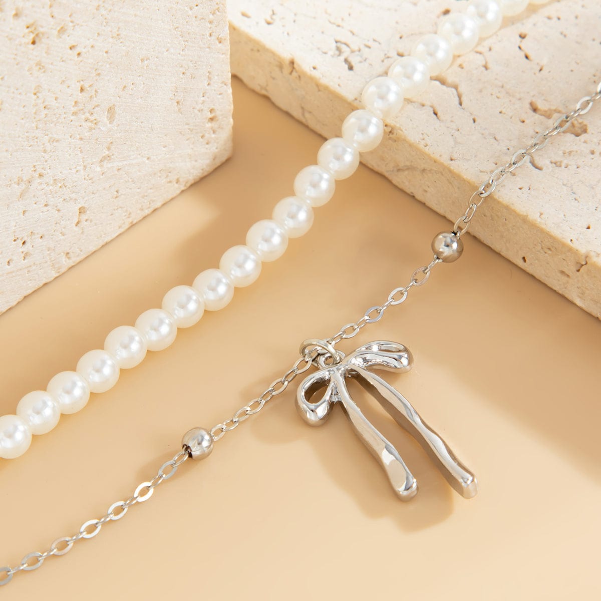 Elegant Layered Bowknot Pendant Pearl Chain Bracelet - ArtGalleryZen