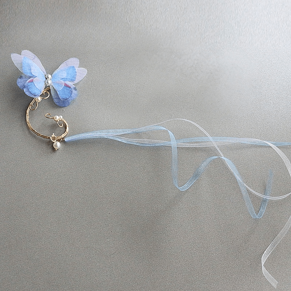 Elegant Layered Butterfly Pearl Long Chain Ribbon Elf Ear Cuff Wrap Earring - ArtGalleryZen