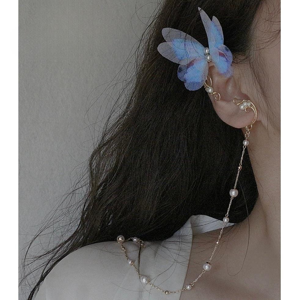 Elegant Layered Butterfly Pearl Long Chain Ribbon Elf Ear Cuff Wrap Earring - ArtGalleryZen