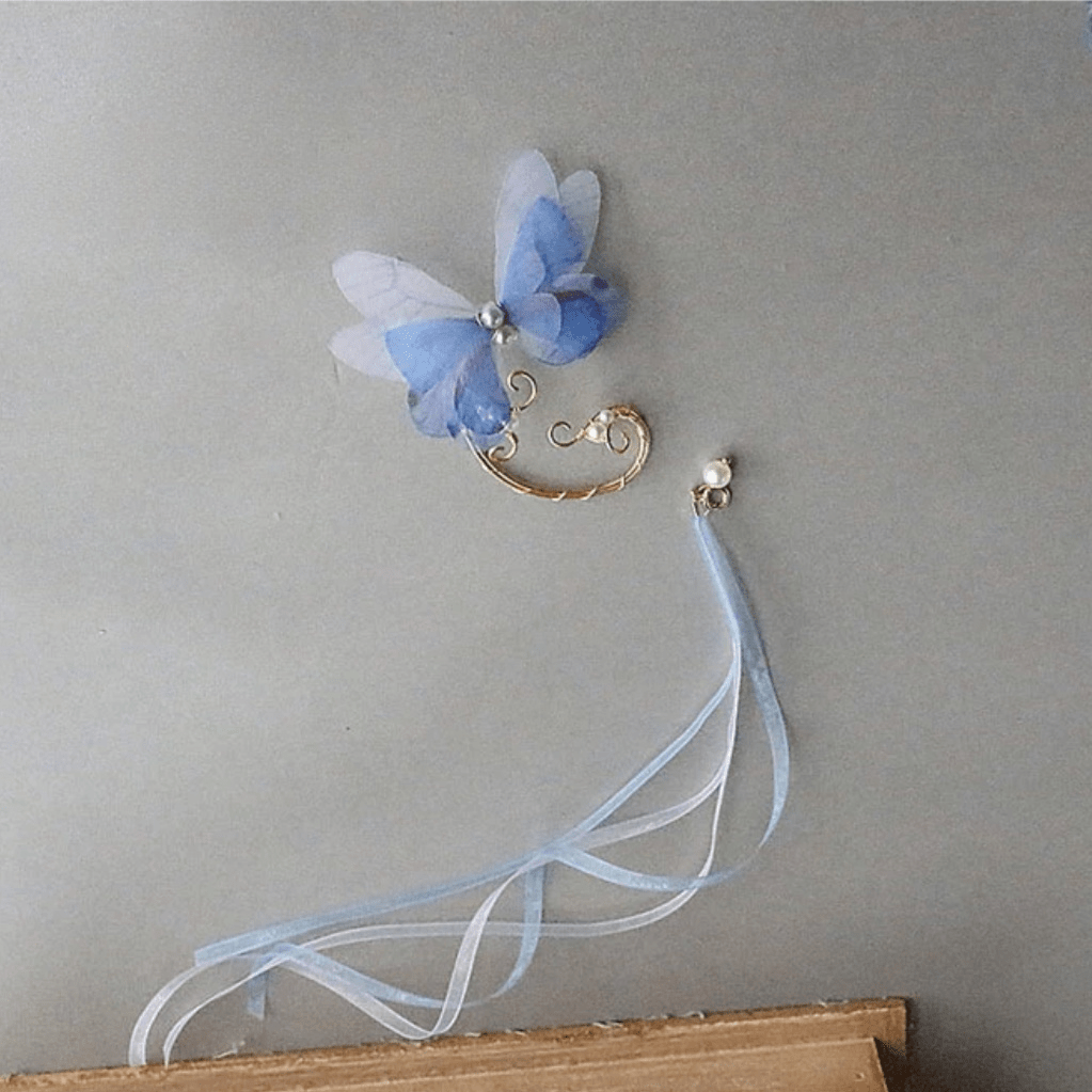 Elegant Layered Butterfly Pearl Long Chain Ribbon Elf Ear Cuff Wrap Earring - ArtGalleryZen