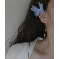 Thumbnail for Elegant Layered Butterfly Pearl Long Chain Ribbon Elf Ear Cuff Wrap Earring - ArtGalleryZen