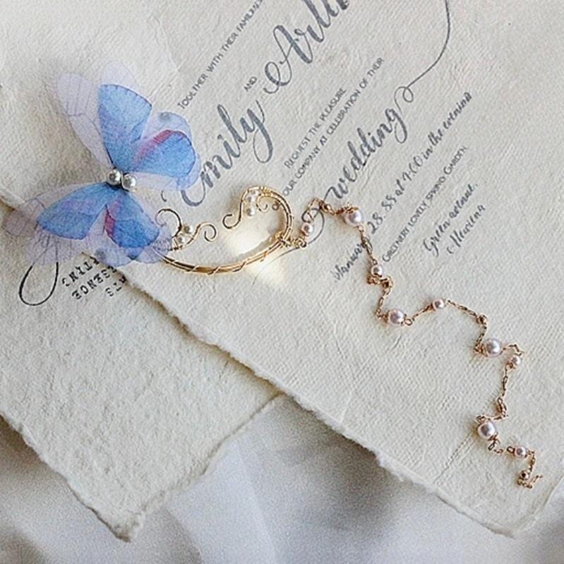Elegant Layered Butterfly Pearl Long Chain Ribbon Elf Ear Cuff Wrap Earring - ArtGalleryZen