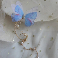 Thumbnail for Elegant Layered Butterfly Pearl Long Chain Ribbon Elf Ear Cuff Wrap Earring - ArtGalleryZen