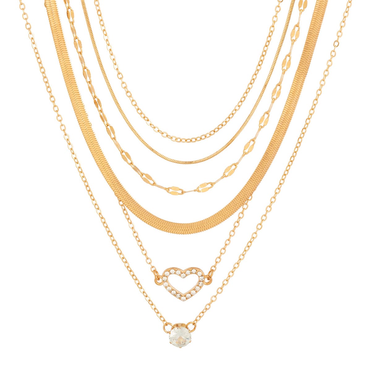 Elegant Layered CZ Inlaid Heart Pendant Snake Chain Necklace Set - ArtGalleryZen