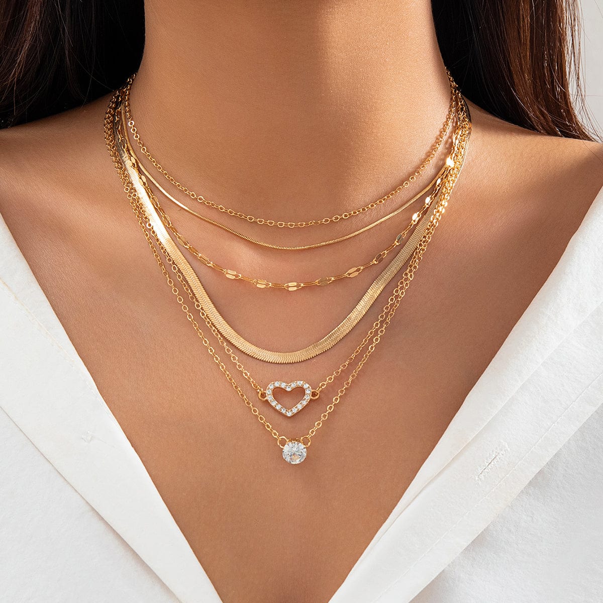 Elegant Layered CZ Inlaid Heart Pendant Snake Chain Necklace Set - ArtGalleryZen