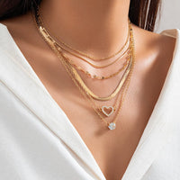 Thumbnail for Elegant Layered CZ Inlaid Heart Pendant Snake Chain Necklace Set - ArtGalleryZen